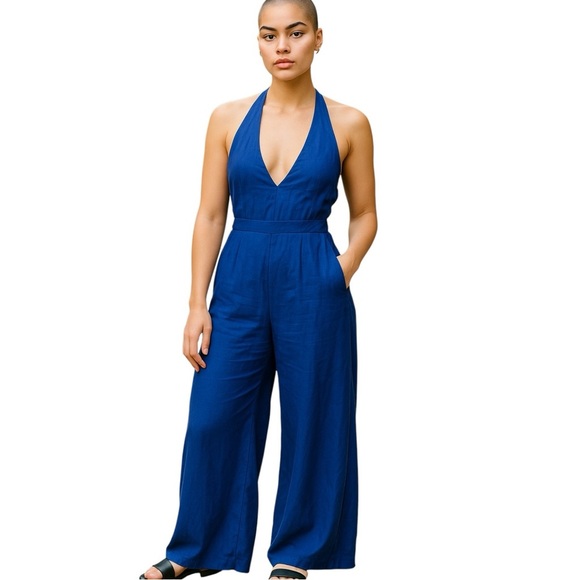 Farm Rio Blue Linen Halter Back Wide Leg Pleated Jumpsuit Women’s XS - Picture 16 of 16